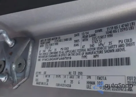 2015 Ford Escape Se из США, поврежденный, VIN 1FMCU9GX0FUA97819